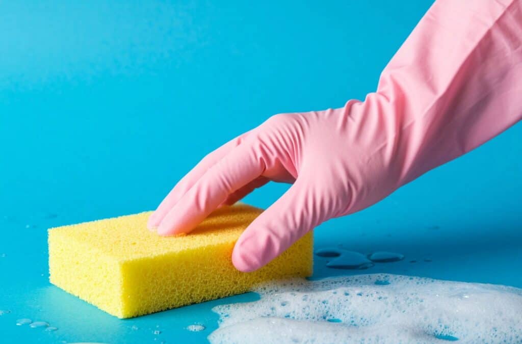 A sponge cleaning a blue surface