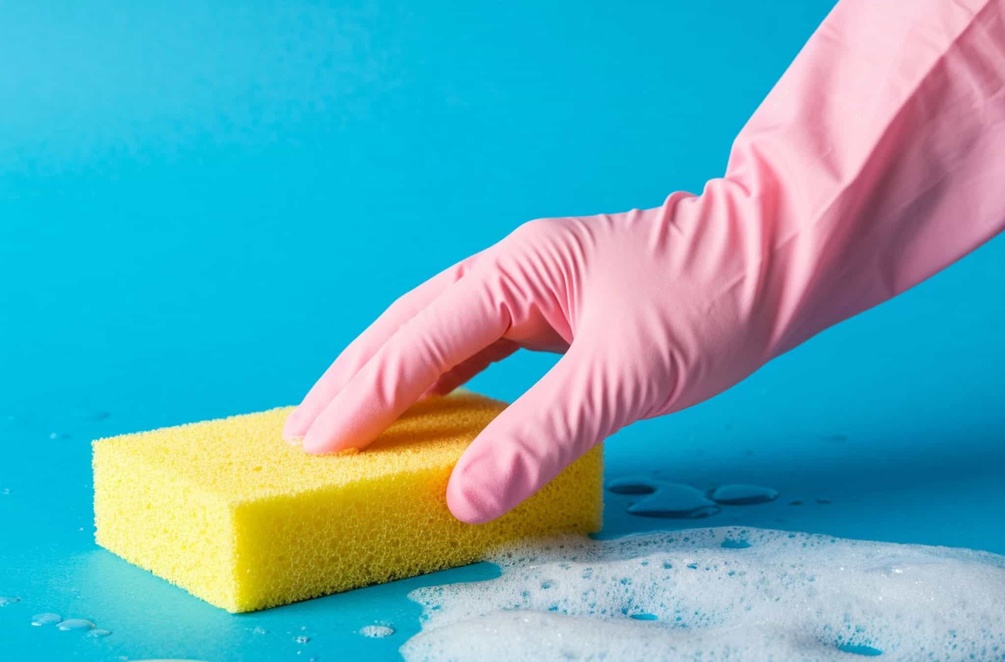 A sponge cleaning a blue surface