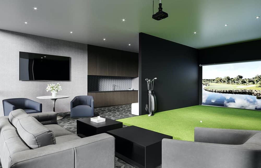 lounge with golf simulator at one chicago. image courtesy jdl