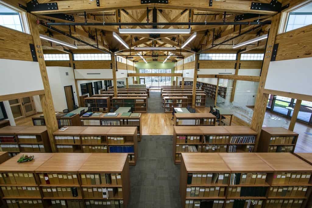 Plywood Shelving AT the award winning Forest History Society Headquarters in Durhum, NC. designed by Robert Sotolongo and DTW Architects and constructed by C.T. Wilson. Photo courtesy of Columbia Forest Products. ©columbiaforestproducts.com