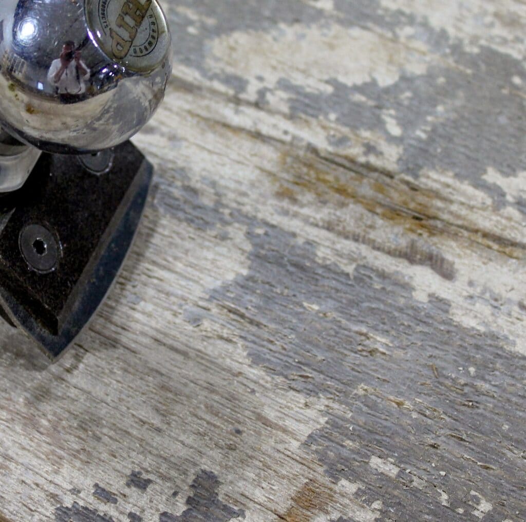 century-old factory beams are reclaimed and reworked to bring out the combined character of the wood, wear and paint.