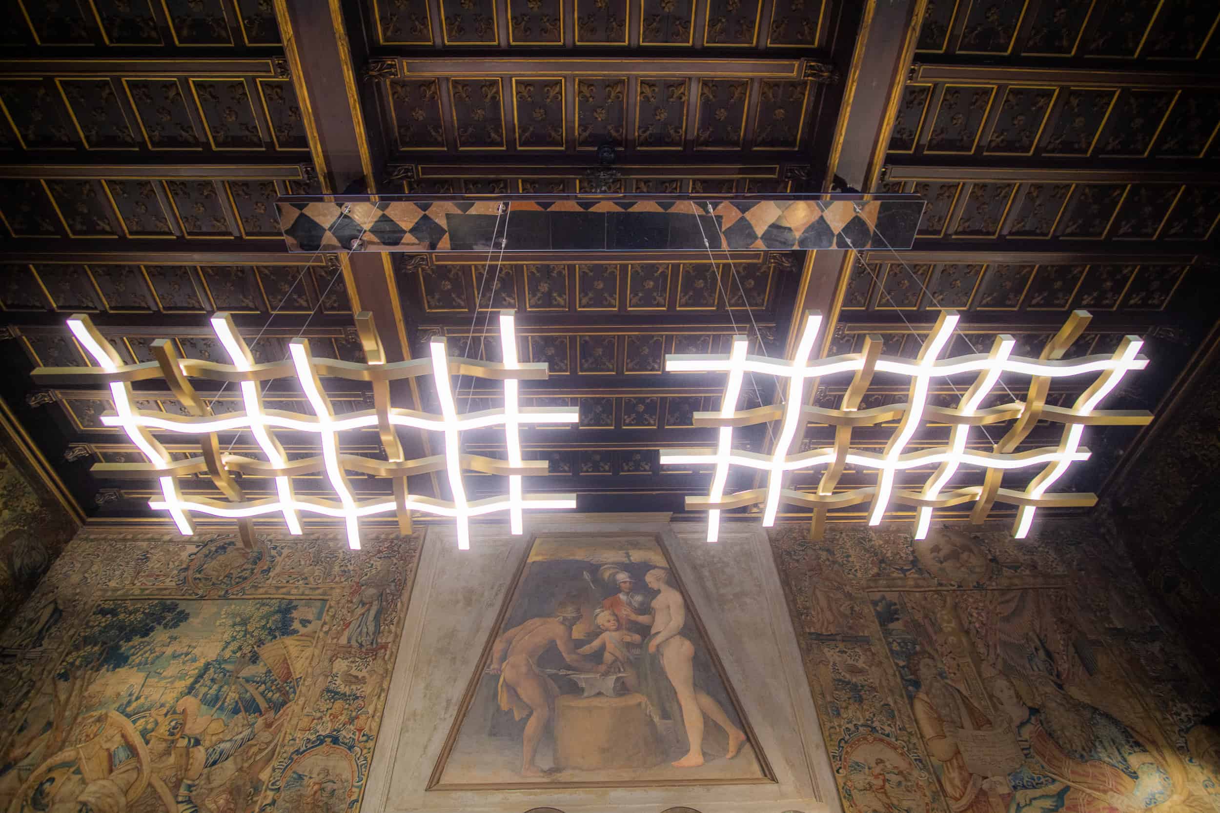 Benesch’s “The Golden Fleece” chandelier for Kaia Lighting, displayed at the Museo Bagatti Valsecchi.