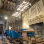 Benesch’s “The Golden Fleece” chandelier for Kaia Lighting, displayed at the Museo Bagatti Valsecchi.