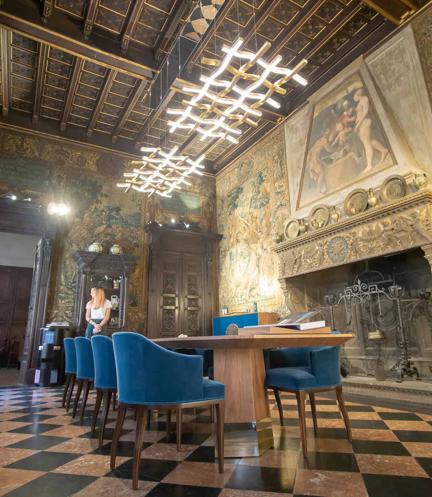 Benesch’s “The Golden Fleece” chandelier for Kaia Lighting, displayed at the Museo Bagatti Valsecchi.