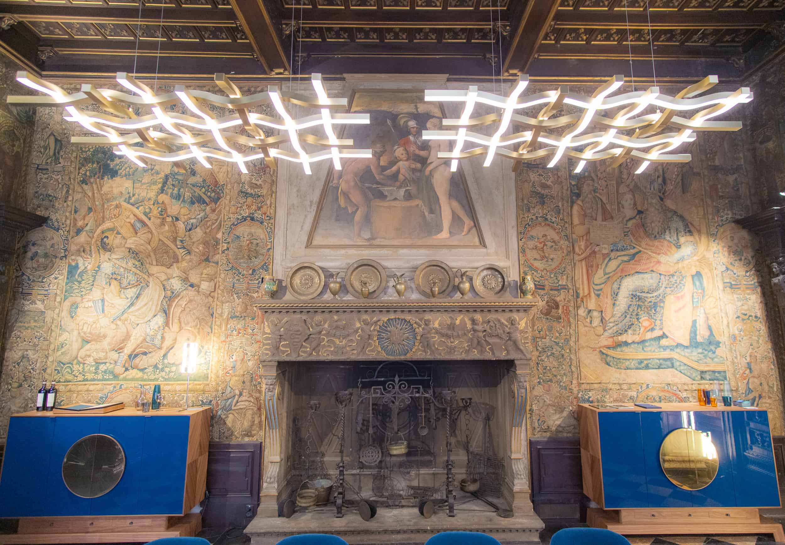 Benesch’s “The Golden Fleece” chandelier for Kaia Lighting, displayed at the Museo Bagatti Valsecchi.