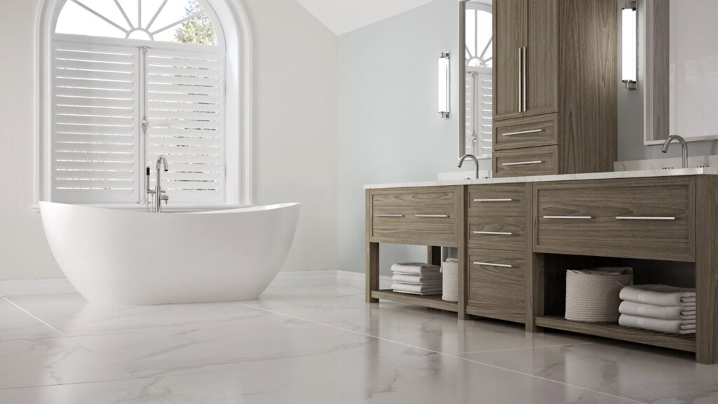 Tafisa’s New Wave design is based on a teak woodgrain, in taupe.