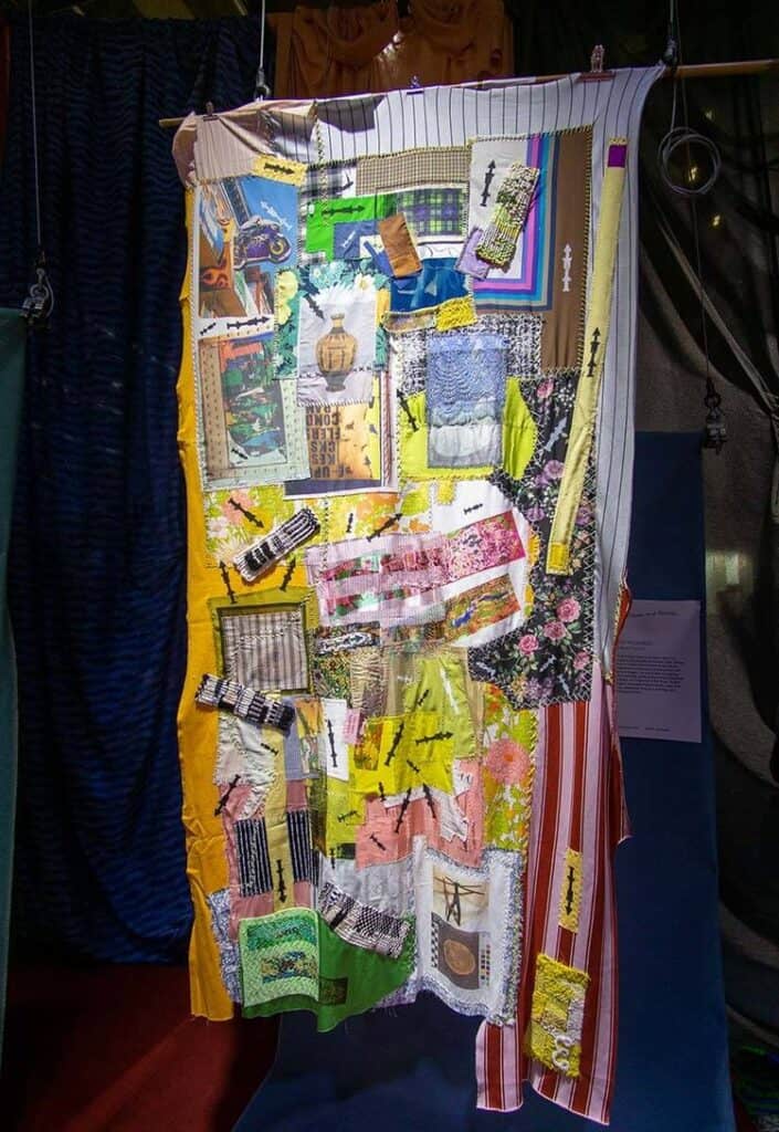 hanging art collage of printed fabrics