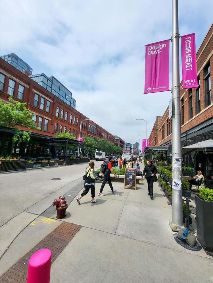 Summer sidewalk scene in Chicago's Fulton Market District