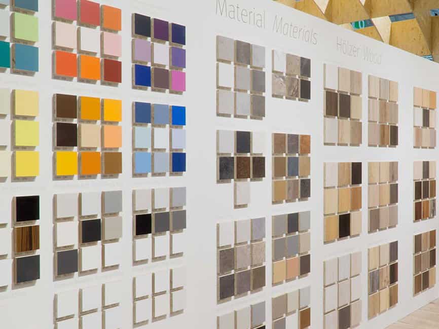 Wall of material samples in wood looks and solid colors