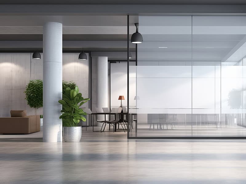 The foyer of an open-air, glassy commercial space