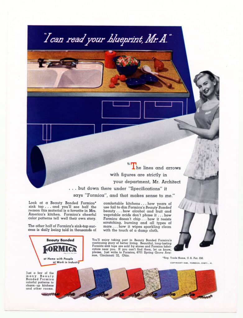 1948 Formica ad headlined "I can read your blueprint, Mr. A." A blue-toned illustration of a kitchen counter and sink drawn over blueprint lines, with a woman in an apron pointing at an unrolled blueprint. Copy addresses the architect on behalf of "Mrs. America," praising Formica sink tops for resisting stains, acids, scratching, and burning. A row of nine laminate color sample chips runs along the bottom.