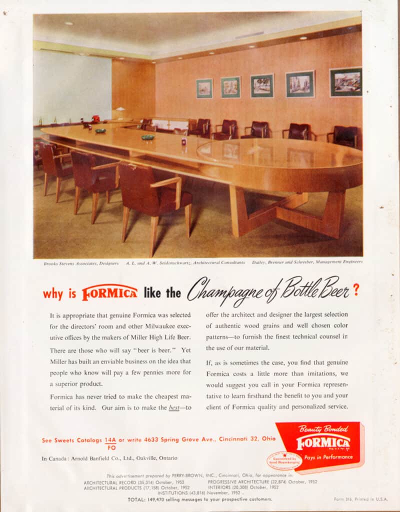 October 1952 Formica ad asking "Why is Formica like the Champagne of Bottle Beer?" A photo shows the Miller High Life directors' room in Milwaukee: a long oval woodgrain conference table with leather armchairs, framed prints on a wood-paneled wall. Copy notes Formica was chosen for the executive offices and argues the brand aims to be the best rather than the cheapest. Credits list Brooks Stevens Associates as designers.