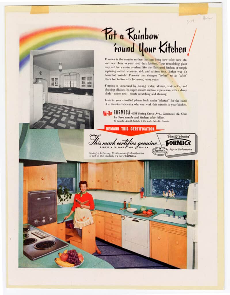 Circa 1953–54 Formica ad headlined "Put a Rainbow 'round Your Kitchen!" A painted rainbow arcs across the top. A black-and-white inset shows a drab "before" kitchen; the large color photo below shows the "after" — a woman in a red sweater and apron seated at a desk nook, surrounded by light wood cabinets and mint green Formica countertops. A center panel reads "Demand This Certification" above the Beauty Bonded Formica mark.
