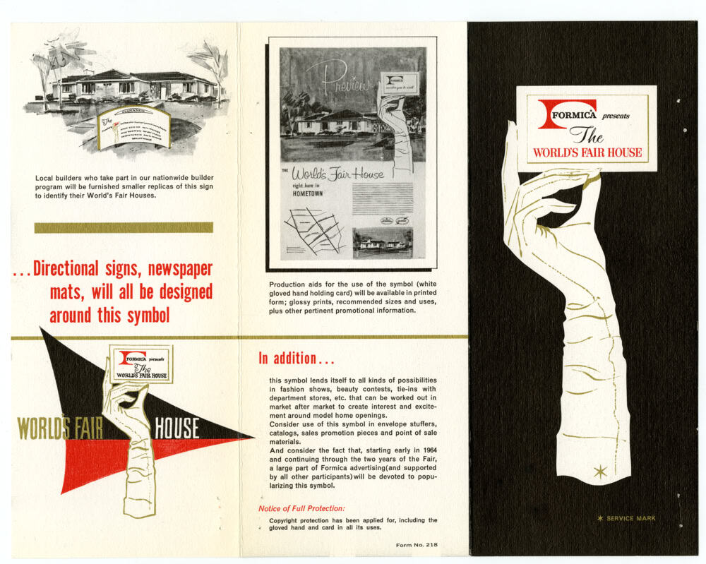 1964 Formica promotional brochure, shown unfolded across three panels. The cover panel is black with a gold-outlined white gloved hand holding a card reading "Formica presents The World's Fair House." Interior panels explain the builder program, showing a ranch house rendering, a sample newspaper ad, and notes that directional signs and newspaper mats will be designed around the gloved-hand symbol. Form No. 218.