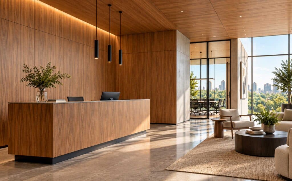 Sunlit office lobby with hardwood plywood reception desk, wall, and ceiling