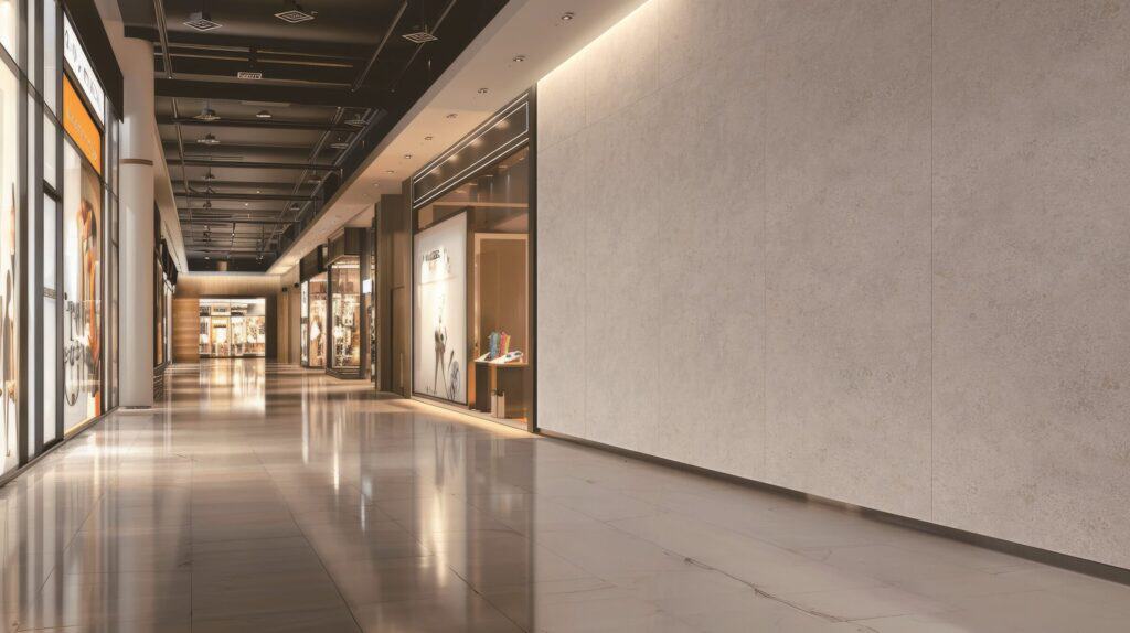 Long shopping-mall corridor with a pale gray stone-look wall on the right, lit from above, opposite a row of storefronts.