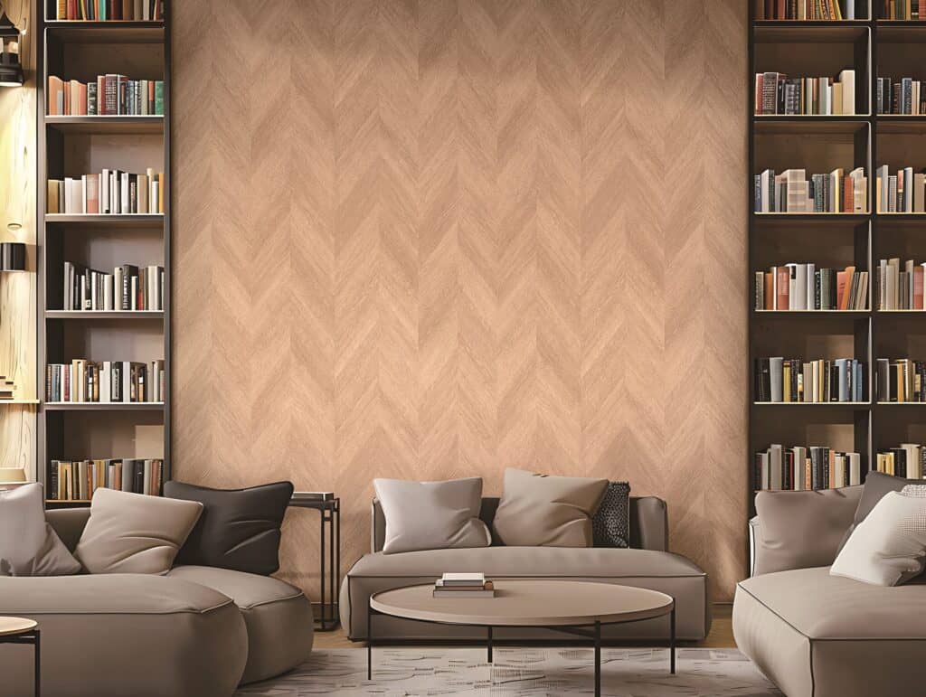 Reading nook with a herringbone oak-plank feature wall between two tall bookshelves, above curved gray sofas and a round coffee table.