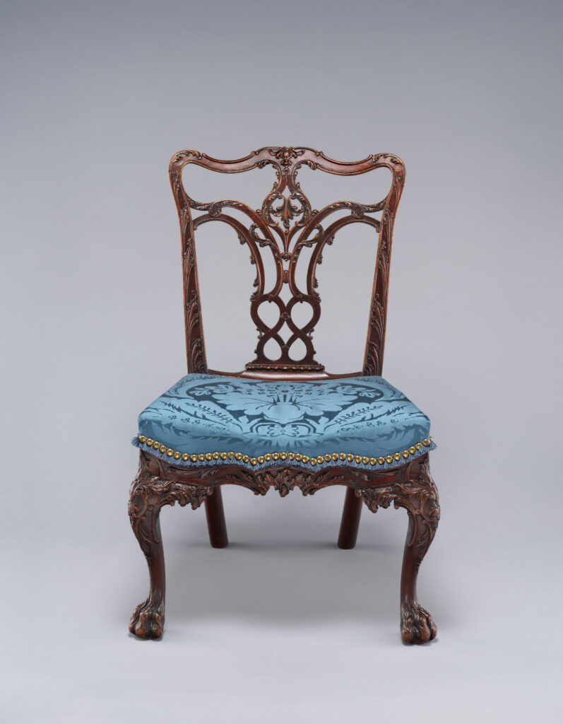 Carved mahogany side chair with a pierced splat, cabriole legs and claw-and-ball feet, made in Philadelphia around 1769