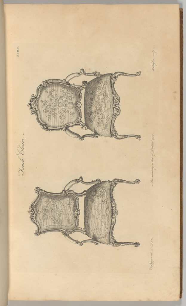 Engraved plate from Chippendale's Director showing two richly carved upholstered chair designs