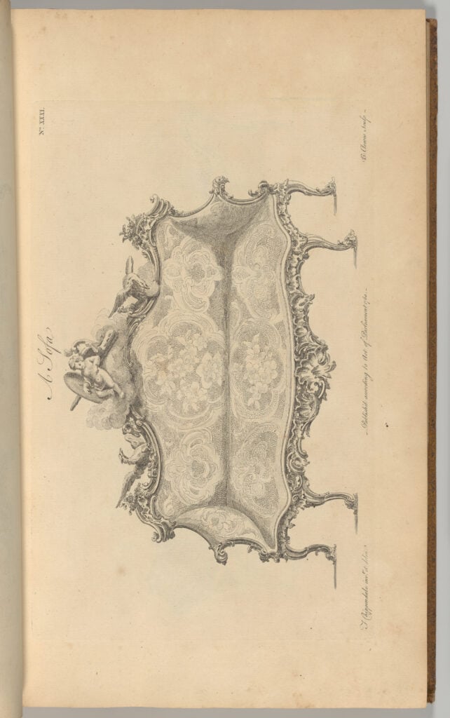 Engraved plate from Chippendale's Director showing an ornate Rococo sofa design