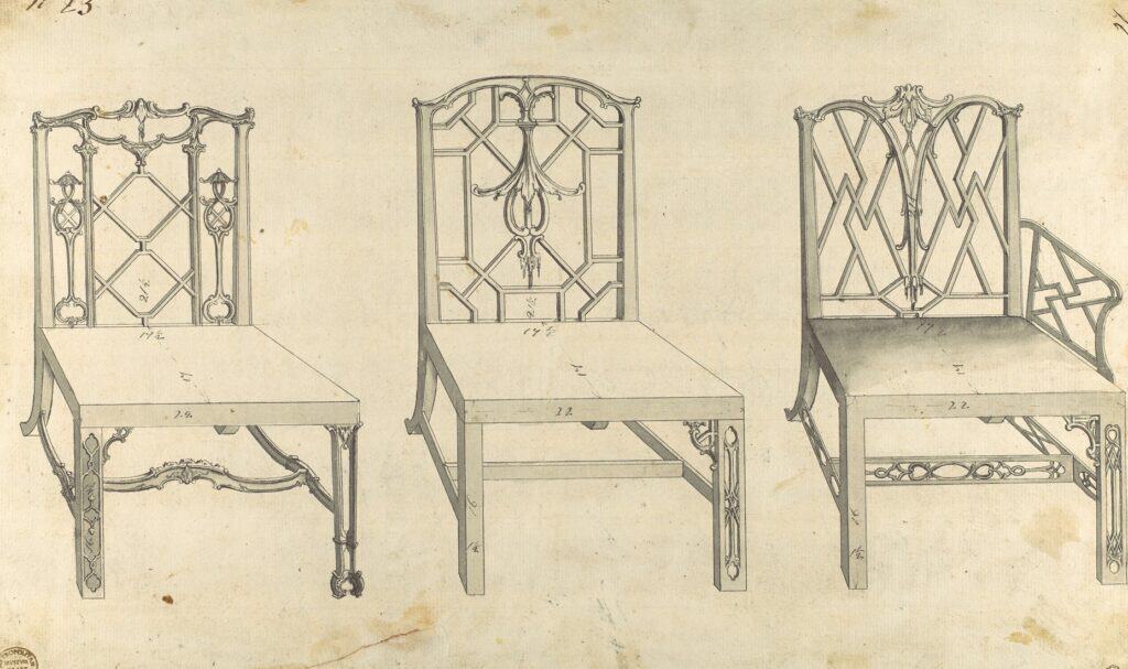 Thomas Chippendale's 1753 ink and wash drawing of three chair designs with lattice-work backs in the Chinese taste
