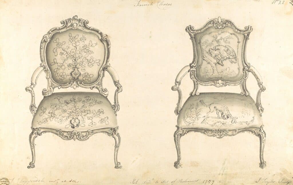 Thomas Chippendale's 1759 drawing of two upholstered armchairs with cabriole legs and Rococo carving in the French taste