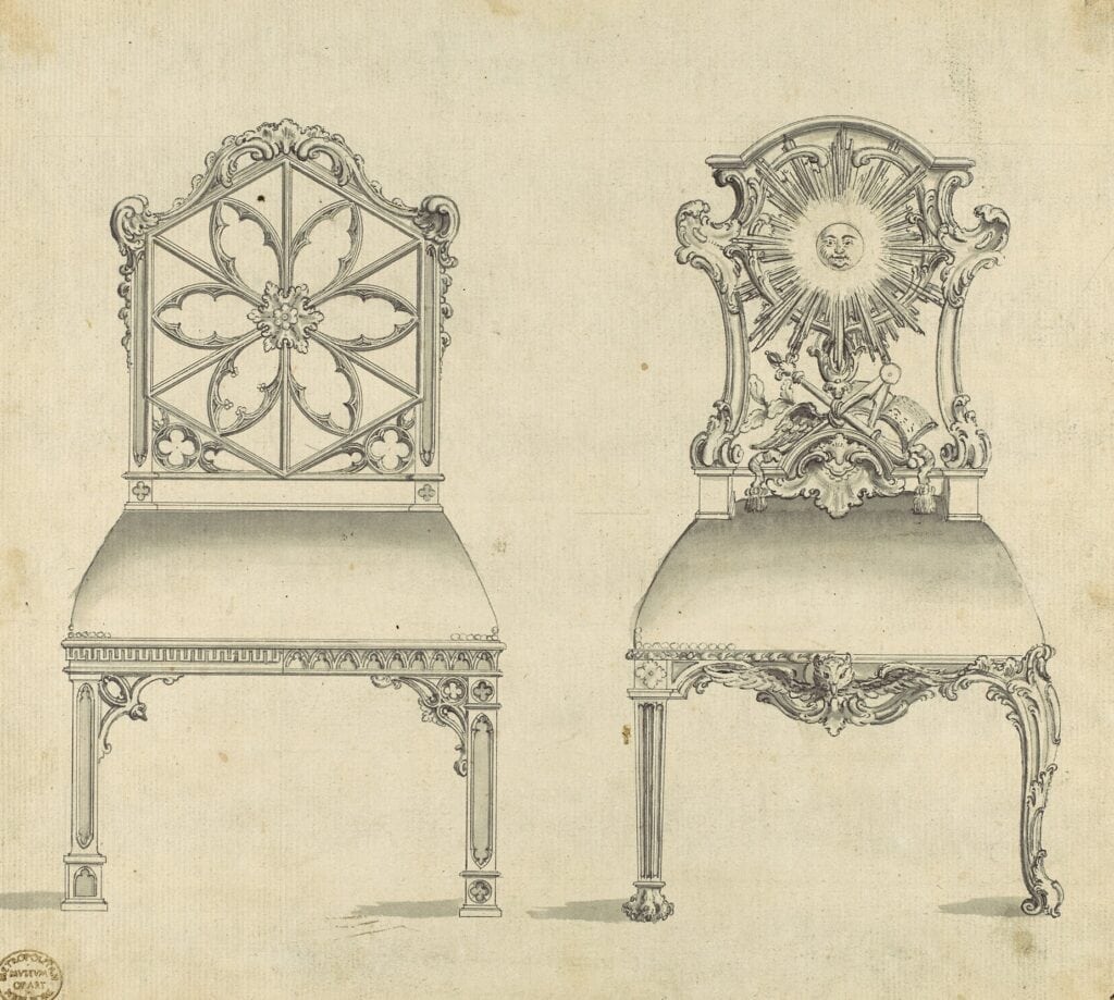 Thomas Chippendale's 1761 drawing of two chair designs with pointed-arch tracery and carved backs in the Gothic taste