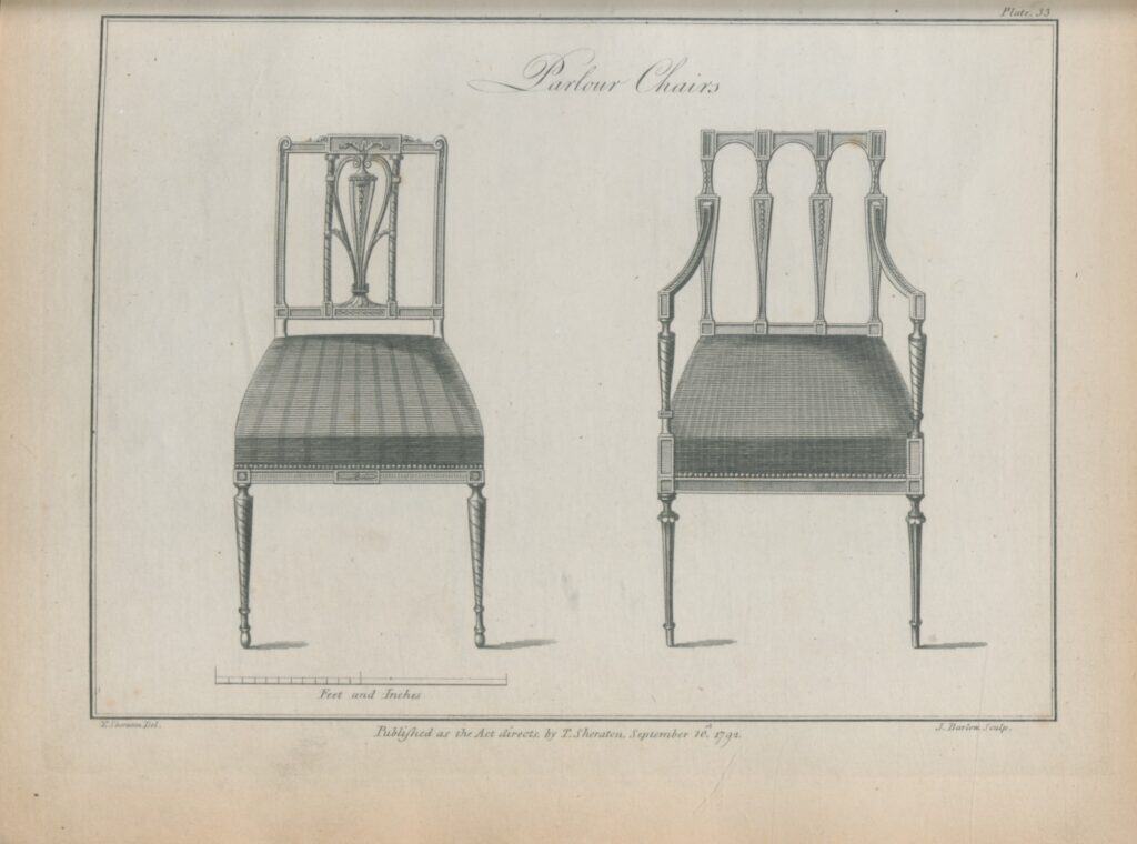 Engraved plate from Thomas Sheraton's Drawing-Book showing two light, straight-lined chair designs with slender legs